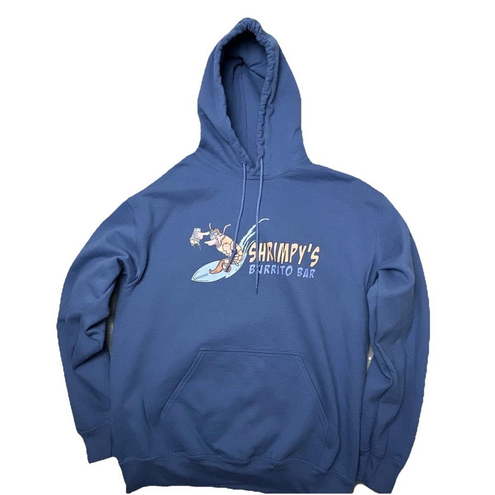 Shrimpys Burrito Bar Hoodie Mens M Blue Graphic Surf Logo‎ Streetwear Retro